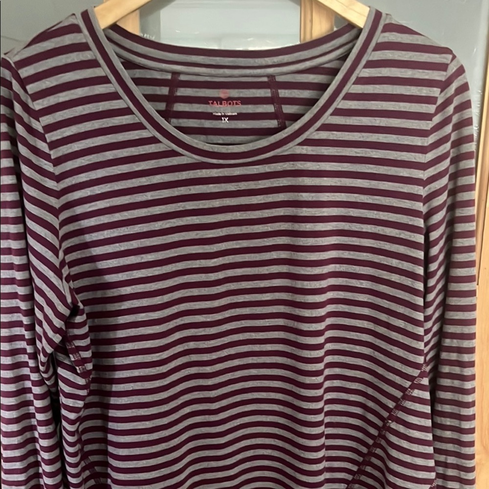 Talbots purple & gray striped crew neck long sleeve cotton blend Tee sz 1X - Picture 2 of 6